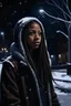 Placeholder: painting of instagram model diamond white with long straight hair, on a dark street in the Bronx at night, it's snowing, dramatic scene, wide shot, dark moody scene, deep shadows.