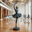 Placeholder: photo of a statue of ballerina made of black marbel in a modern ballroom with some exersising ballerinas