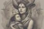 Placeholder: baphomet, attractive woman with head of a goat, holding a human child, mary mother of jesus composition