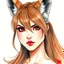 Placeholder: A head-shot of an arrogant woman with long brown hair, fox ears and crimson red eyes, watercolor, intricately detailed