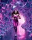 Placeholder: make a picture pretty crystal cave made of and metallic 3d fractal recursive cubic and sphere base structures and a beautiful fashion model lady with cute,curvy long hair,makeup, in pretty sports suit is running inside cave ,dynamic camera fallow her inside cave capturing full body, dynamic lights.