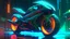 Placeholder: Motocicleta futurista con carenado de cabeza de tiburón y branquias luminosas, zoomorfismo cyberpunk, neón en lluvia, estilo de Syd Mead
