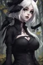 Placeholder: CAT GIRL, goth, forest, nature, cartoon, leaves, half black half white hair, boobs, ravens