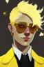 Placeholder: Realistic young man with fluffy yellow hair, big black eyes, yellow freckles, small black earrings, smirk, dark beige kin, yellow tuxedo, yellow star sunglasses on head