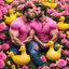 Placeholder: 2 big hairy muscular men in velvet Prada shirts are kissing each other and sitting in a field of pink roses next to yellow plastic ducks and gift boxes next to them