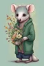 Placeholder: Green opossum wearing cardigan holding a bouquet of wildflowers cute art