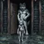 Placeholder: fantasy digital art of crying young female anthro wolf in gray hairy wolf body and wears just a short canvas rag around her waist , sadly crying face stands in the rain front the door, behind her an tall anthro dark hairy wolf man standing behind in rustic halb open door in an massive wooden house, deep colors, rainy day, detailed, anthropomorphic creatures, fantasy, sci-fi mood