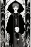 Placeholder: 7 year old boy, necromancer, friendly, looks dead, with weird mushrooms growing out of him, wearing black robes, in the style of Harry Clarke