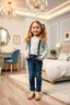 Placeholder: a 6 years old girl in modern clothing and makeup standing pose with cute and joy with pertty shoes in a very large luxury baby bedroom