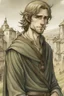 Placeholder: colour drawing, Human, grey eyes, ashy hair, a young man, fine clothes, full length, stubble facial hair, background city of craftsmen, Middle Ages