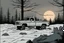 Placeholder: pickup truck, rear, forest, standing, silhouette, comic book,post-apocalypse, gray background, night time, cabin, tree branches,
