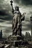 Placeholder: the statue of liberty, dress dirty and torn, her face solemn and terse, trash littered at her feet, the skyline dark and grungy