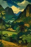 Placeholder: A dark gold rainforest near a village cottages surrounded with mountains, painted by Paul Gauguin