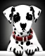 Placeholder: dalmatian puppy, tilting head, sitting on kitchen floor, red collar, black paw prints on floor