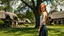 Placeholder: A photorealistic image of a red-haired, slender woman standing in a village green, surrounded by many thatched cottages, next to a large tree. Sunny day.