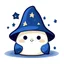 Placeholder: drawing of cute small mochi character with whitch hat in dark blue colour with small gold stars on it on, on white background