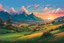 Placeholder: It is a scenic landscape with a lush green meadow, rolling hills, and a vibrant sunset sky with colorful clouds. The background features a range of mountains silhouetted against the warm orange and pink hues of the setting sun. like Studio Ghibli and oil painting