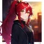 Placeholder: Clear focus, 8k, beautiful lighting, vibrant colors, girl, red hair, long hair, vibrant golden eyes, ponytail, messy hair, hair in between the eyes, jacket,