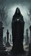 Placeholder: An eerie figure in a black robe, resembling a lich, stands in the middle of an ancient cemetery in horror style