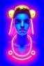 Placeholder: Rosalía, artist, natural, Realistic, waist up portrait, make up. Eyes, make up, glow, iris, eye liner. Hair, pigtails. lips, gold. big rings piercing, led ornament, pearls. Hand, baseball bat, Coat, smile pin, inflatable latex, cold, led lights, minimal, neon, pink, blue, gold, vibrant color, highly detailed, art stations, concept art, smooth, unreal engine 5, god lights, ray tracing, RTX, lumen lighting, ultra detail, volumetric lighting, 3d, finely drawn, high definition, 4k.