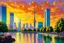 Placeholder: sunset, buildings, lake, rocks, city, park, trees, cyberpunk, sci-fi, claude monet impressionism paintings