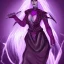 Placeholder: Female Aasimar Warlock dungeons and dragons character, spy, flowing white hair, glowing purple eyes, mysterious facial expression.