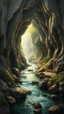 Placeholder: Bosch painting style, 3D multi layers caves where the a river stream