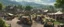 Placeholder: a pro-quality photo of a busy outdoor village market, with a beautiful outdoor countryside summer scene with distant hills & fields, intricate dwellings, many pathways & stairways, streams, waterfalls, waterwheel, & a beautiful sky : very high detail, epic cinematic, 8K, Large depth of field
