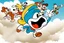 Placeholder: mostly sky, ground line at bottom, small cartoon character on the bottom right running towards the right side, leaving behind a cloud of dust. style of looney toons cartoon