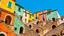 Placeholder: A vibrant, sun-drenched Mediterranean village scene. The architecture features buildings painted in bold, textured strokes of turquoise, lime green, and burnt orange, stacked in a charming, asymmetrical arrangement. Stone staircases, worn and weathered, wind upwards between the structures, casting sharp, defined shadows. Arched doorways and windows punctuate the facades, hinting at hidden courtyards and interiors. A clear, cerulean sky dominates the upper portion of the image, contrasting with t