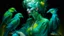 Placeholder: A mystical, ethereal portrait of a woman with luminous green skin, adorned with four vibrant teal parrots perched on her shoulders and back. Her hair is styled in a complex, blonde updo. She is seated, with her head bowed in a pensive posture, her body wrapped in a flowing, textured garment that resembles delicate, organic fibers or scales. The skin has a slightly mottled, almost reptilian texture with hints of coppery undertones, suggesting a connection to nature or otherworldly origins. Her bo