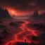 Placeholder: A barren wasteland stretches as far as the eye can see, bathed in an eerie red glow emanating from the ominous skies above. Jagged rocks jut out from the cracked earth, and rivers of molten lava snake through the landscape, casting flickering shadows across the desolation. In the midst of this infernal panorama lies the fallen figure of a human, their silhouette barely discernible amidst the swirling mists of brimstone. The air is thick with the acrid scent of sulfur, and distant screams echo