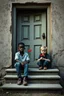 Placeholder: A black two years old boy and a white boy holding a small poppy sitting on the door steps of the an old paints cracked dirty abandoned house door , insanely detailed octane render trending on artstation, 8k artistic photography, photorealistic concept art, soft natural volumetric cinematic perfect light, chiaroscuro, award-winning photograph, masterpieces, oil on canvas, Raphael, Caravaggio, Greg Rutkowski, people, beksinski,