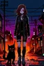 Placeholder: Punk girl with the black cat on the small town street, at night, graphic style, Banksy style, highly detailed, brown hair, long legs, heavy boots, fishnet stockings, black jacket