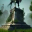 Placeholder: Monument, abandoned city centre, statue of human on top, look from distance, buildings visible whole statue, overgrown statue and monument, realistic, highly detailed