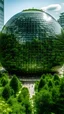 Placeholder: A huge glass hemispherical structure in the middle of a very busy city, full of trees and green spaces.