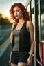 Placeholder: An image of a Teenage female, full body, looking at camera, at sunset, wearing tight tank top, 3D effect, on a bus stop, glossy wavy red hair, hyperrealistic, full lips, lip gloss, soft natural light, thick lines