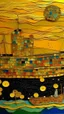 Placeholder: The ship fades out in the horizon, nostalgic goodbye, diorama in the style of Gustav klimt