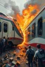 Placeholder: A modern fast train collided with another train causing chaos and fire people are dying in dramatic action view with oil paintings style of hard brush and high quality picture with high resolution 8k