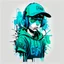 Placeholder: Vector t shirt art ready to print abstract blue green color graffiti illustration of a cyberpunk boys and a basecap with text "Digi".On cap, headphone, white background.