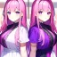 Placeholder: Clear focus, 8k, beautiful lighting, vibrant colors, girl, pink hair, long hair, vibrant purple eyes, same twins, same clothes,