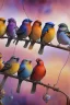 Placeholder: A captivating watercolor illustration featuring six exquisitely rendered birds perched gracefully on a wire. Each bird exhibits a unique color palette, from the rich browns and grays to the bold blues, reds, and yellows, culminating in the enchanting purple hue. The composition emphasizes the birds' side profiles, creating a dynamic visual effect. Their vibrant plumage beautifully contrasts against the pristine white background, resulting in a harmonious blend of nature and color that captivates