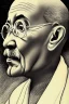 Placeholder: a vibrant ultraclear sideview waist up portrait of Ghandi, by rene magritte and laurie greasley, etching by gustave dore, colorful flat surreal, ethereal, intricate, sharp focus, illustration, highly detailed, digital painting, concept art, masterpiece