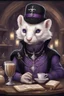 Placeholder: (anthropomorphic white ferret),dressed in ((cleric fantasy)) black and purple clothes with silver holy ornaments, realistic anatomy, fantasy tavern on background, mage and holy symbols around, serious face, hold cup of coffe, tired face, in the style of LOISH, look at the vivewer, blue eyes, cute face