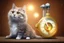 Placeholder: cute fluffy chibi beige cat with a giant thermometer in a modern room in sunshine