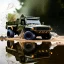 Placeholder: Origami, hyperrealistic shot, muddy military toy truck, monotone color palette, sharp focus, puddle reflection, tire water splash, refraction, mist on the horizon, shadowcast, detailed and intricate, cinematic composition, micro, tilt shift photography