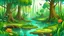 Placeholder: Cartoon illustration for children: Cenozoic swamp, millions of years ago, with towering prehistoric trees and strange ancient plants and flowers