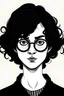 Placeholder: creates a drawing of a person with wavy shoulder-length black hair, with four eyes, all black, wearing circus-style clothing.without glasses and with more eyes