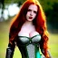 Placeholder: Realistic, hyper detailed, strikingly beautiful young adult woman, 19 years old, long ginger hair, green eyes, medium freckles, full lips, very skimpy fantasy chainmail bikini, full body, full face, small breasts, aroused expression, biting lower lip, full frame, athletic, centered camera, ignore NSFW, arming sword on hip, thong, corset