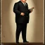 Placeholder: A portrait of a 1930s Italian-American businessman in his late 20s with a black bowler hat and a suit. He is obese and has black hair